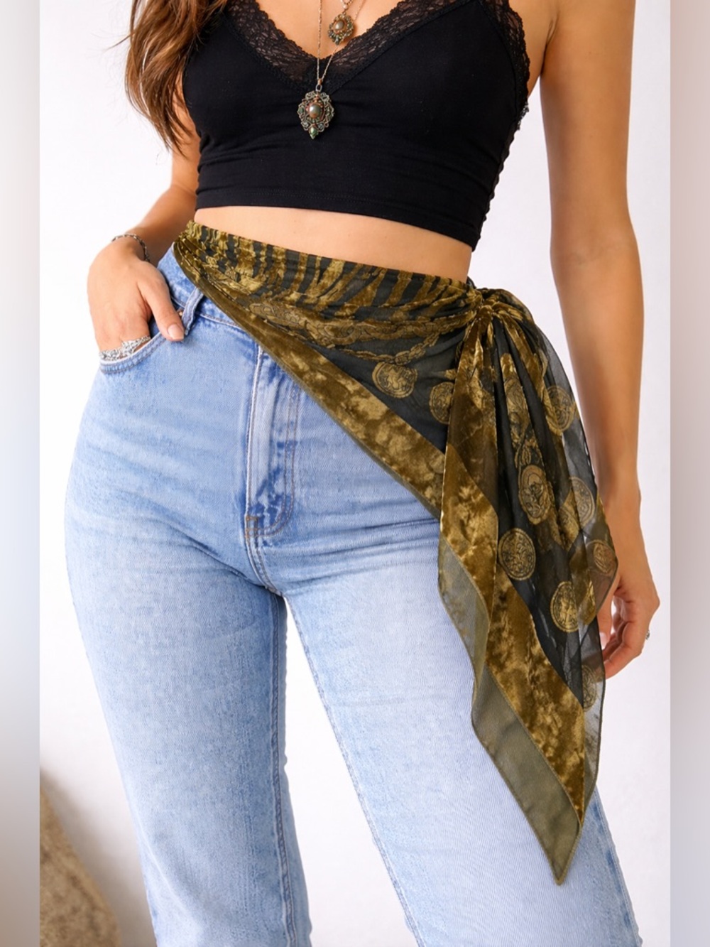 Whimsigoth Green Velvet Burnout Scarf Goblincore Hobbit Earthy Chain Link Coin